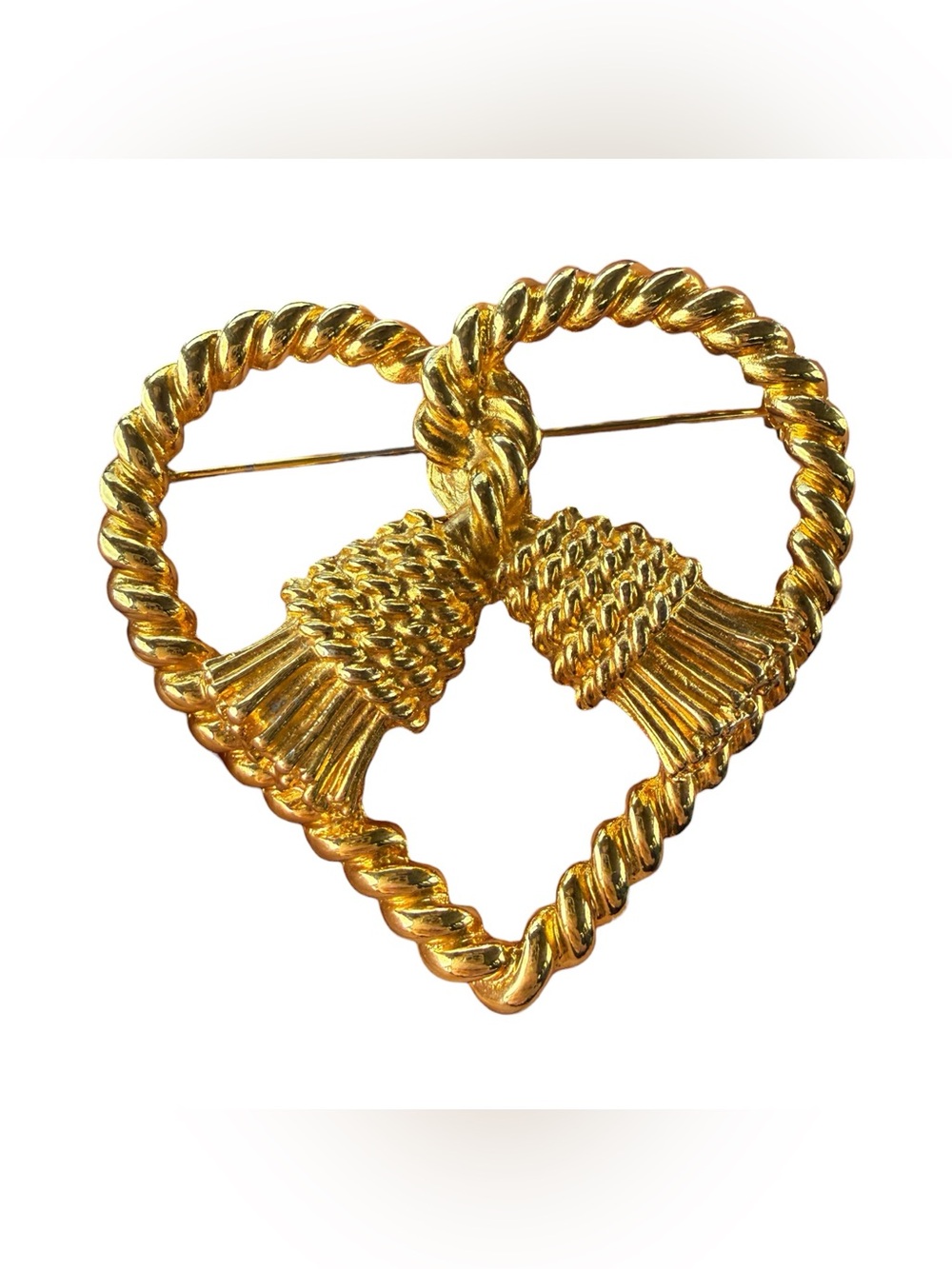 Vintage Gold Roped Heart Knot Tassel Brooch- Large- 80s